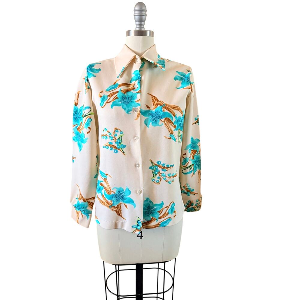 Vintage 70s NPC Fashions Floral Dagger Collar Blouse Mod Disco M